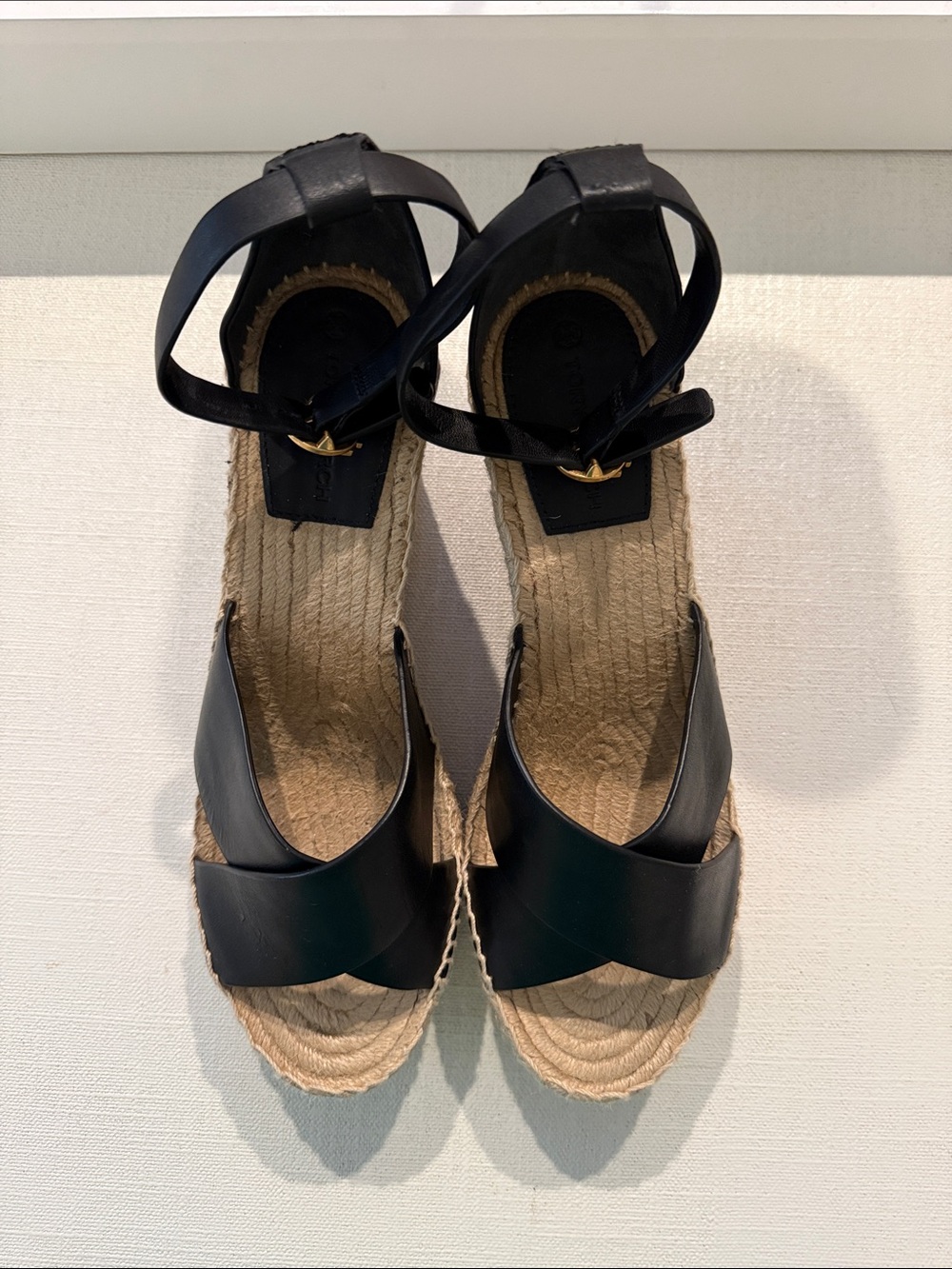 Tory Burch Selby Black Leather Espadrille Wedge Sandals